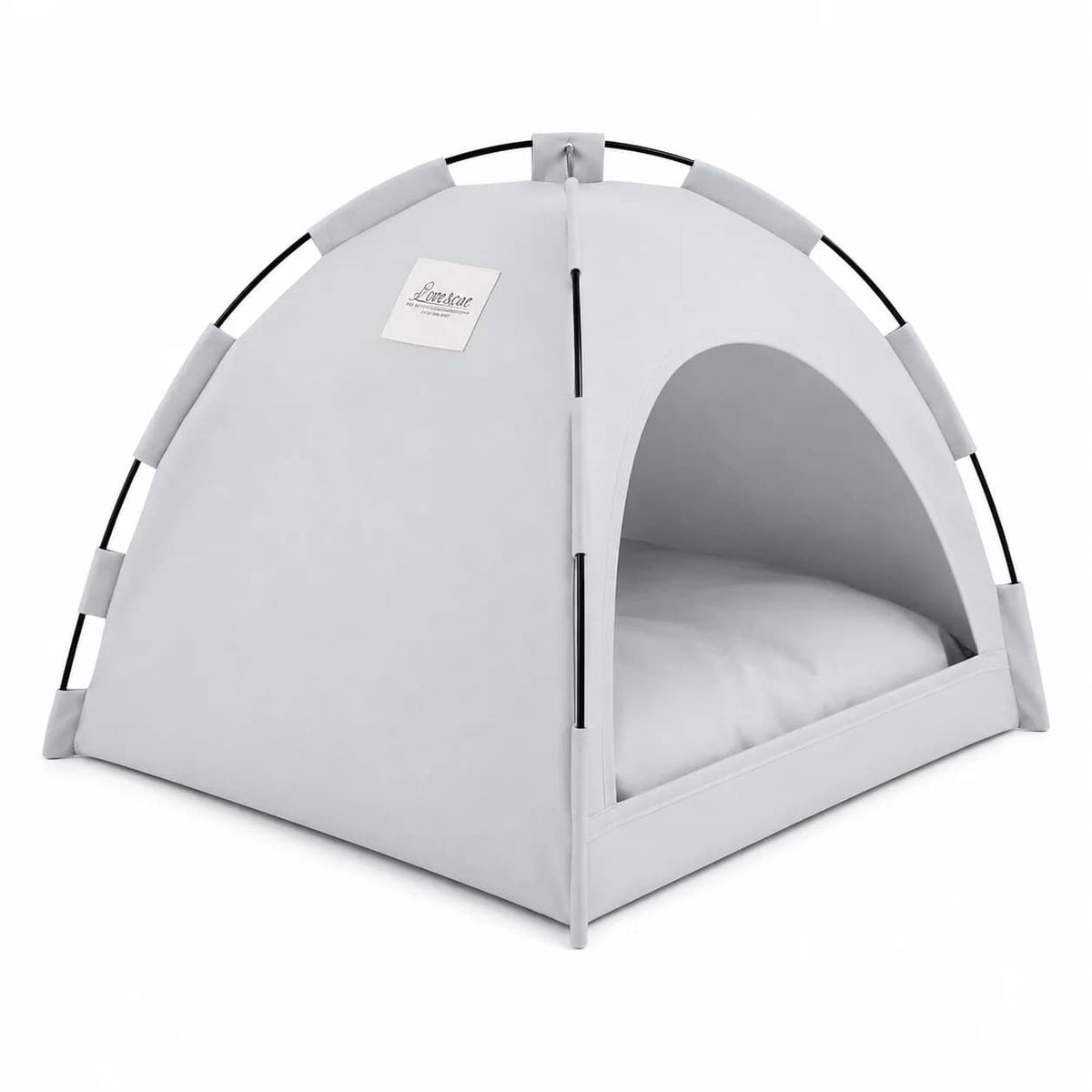 Light grey dome shaped indoor pet tent bed with cushioned base isolated on a clean white background
