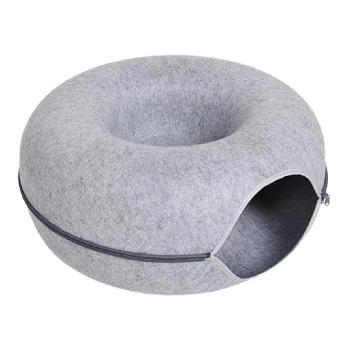 Light grey round cat cave bed with a side entrance and soft cushioned top on a white background