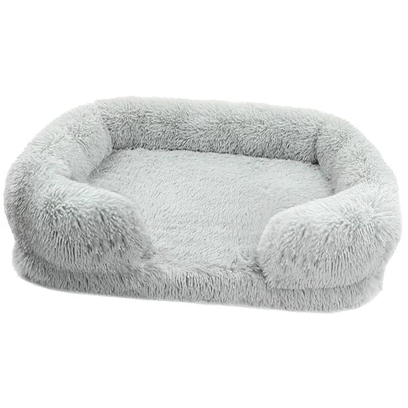 Light grey rectangular plush dog bed with cosy raised sides for restful sleep