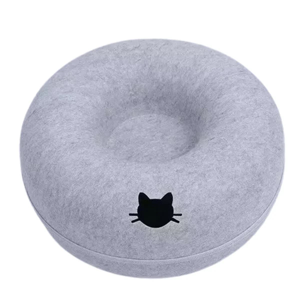 Top view of a light grey donut cat bed with a recessed centre and cat-shaped entrance detail