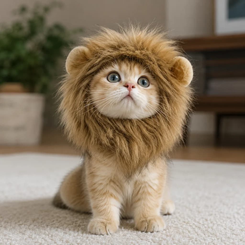 Cat sitting comfortably while wearing a soft fluffy lion mane costume in a modern home