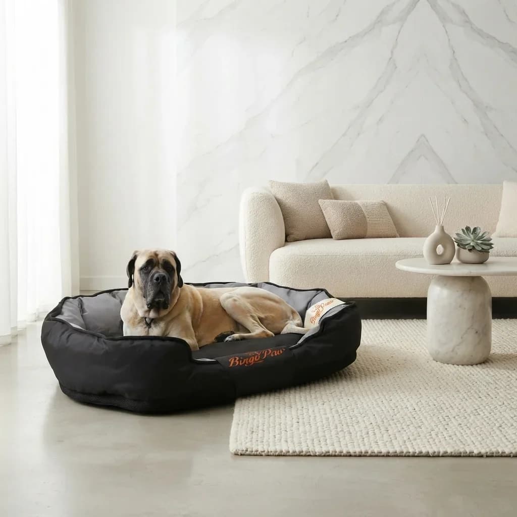 Large dog relaxing comfortably in a black cushioned sofa-style dog bed in a modern living room.