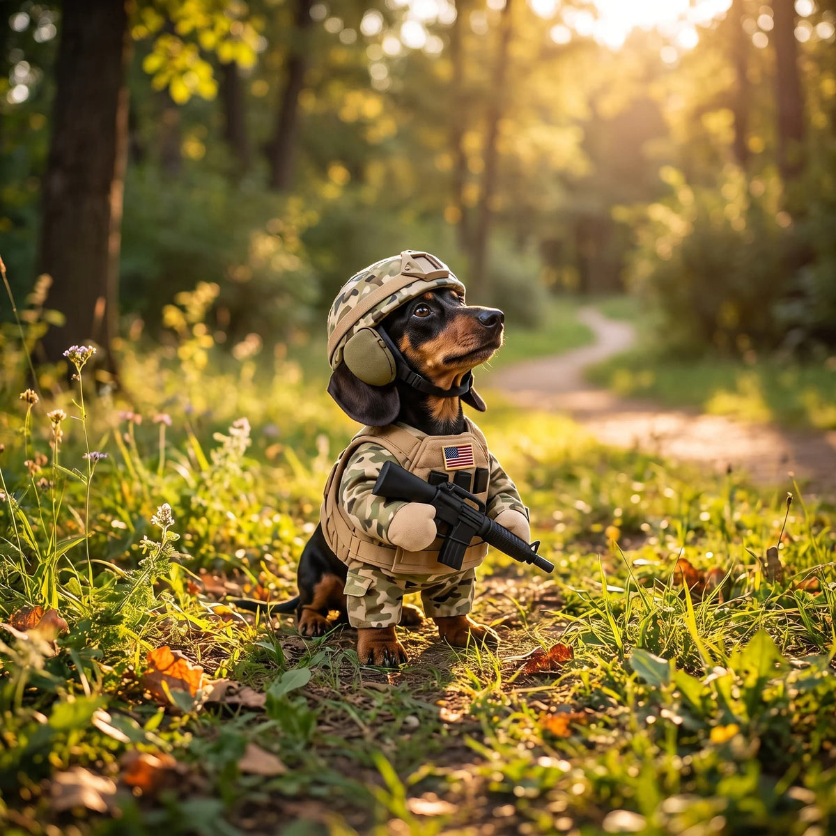 Dachshund wearing a camouflage military soldier dog costume with helmet outdoors in a woodland setting