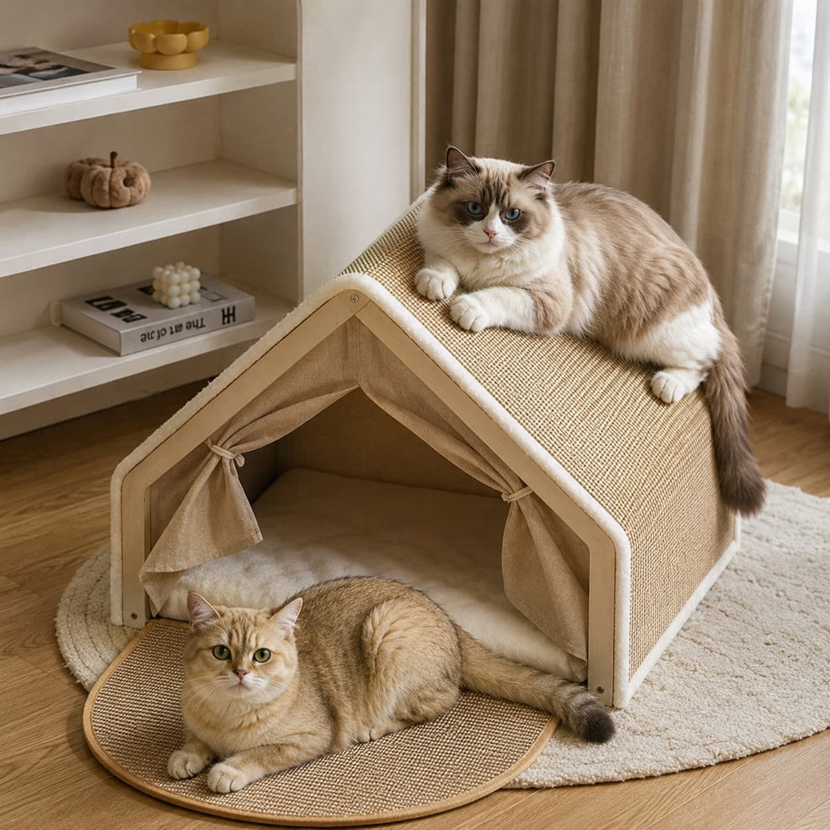 Cats relaxing inside and on top of a cosy beige tent shaped pet bed in a modern living room