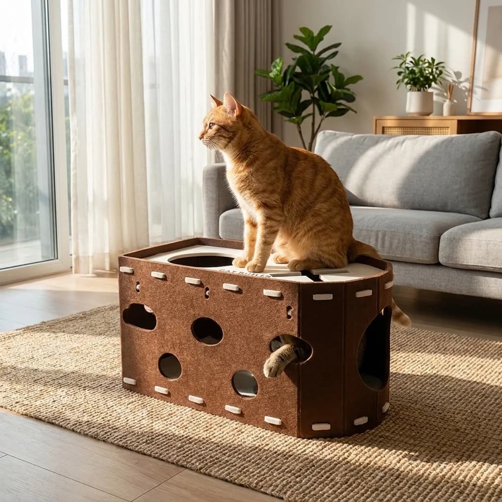 Ginger cat sitting on top of a brown multi level cat hideout in a bright modern living room