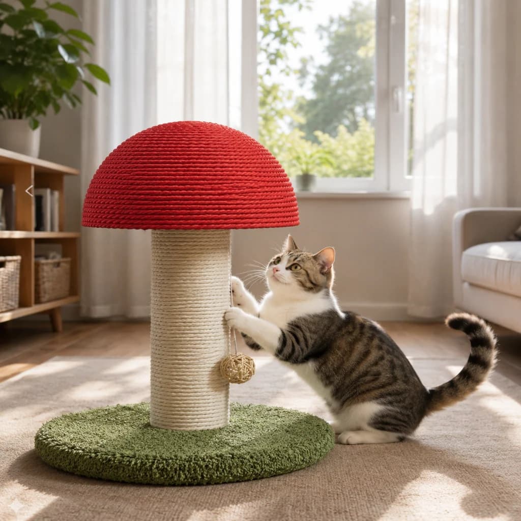 Tabby cat using a red mushroom shaped scratching post with sisal column in a bright modern living room