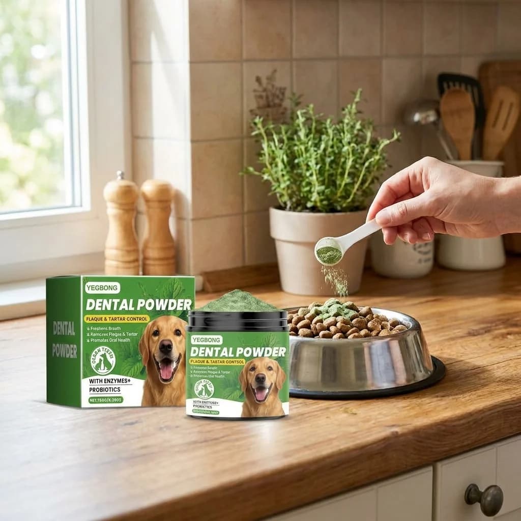 ScritchPets dog dental powder displayed beside a food bowl as an owner adds powder to dry dog food.