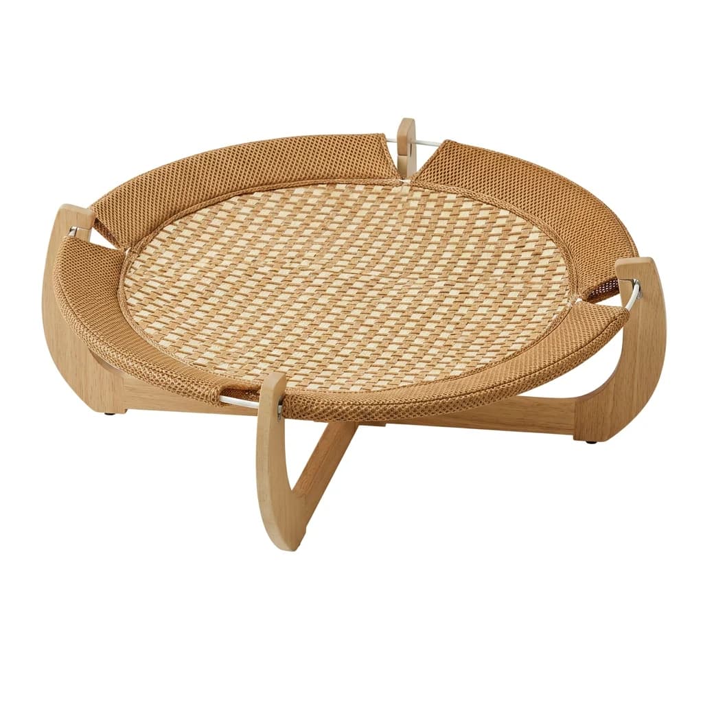 Natural woven elevated cat hanging bed with curved wooden frame displayed on a clean white background