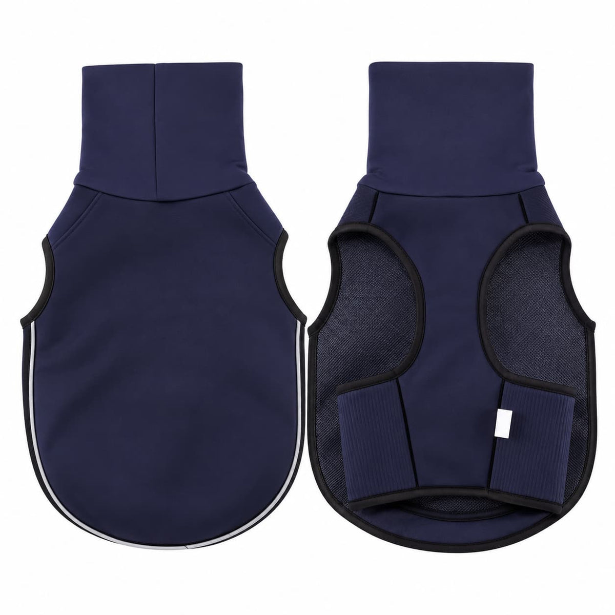 Navy blue fleece dog vest shown from the front and back on a clean white background.