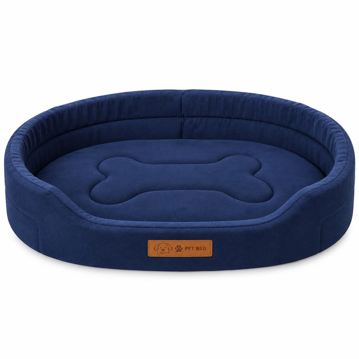 Navy blue oval orthopedic dog bed with raised cushioned sides and padded sleeping surface