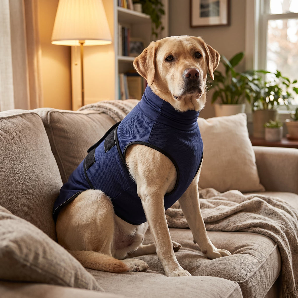 Labrador wearing a warm navy blue fleece dog vest while relaxing on a sofa in a cosy living room