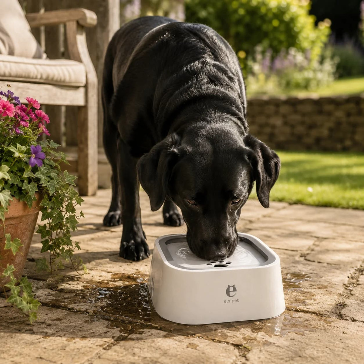 Black Labrador drinking from a white no spill dog water bowl on a sunny garden patio.