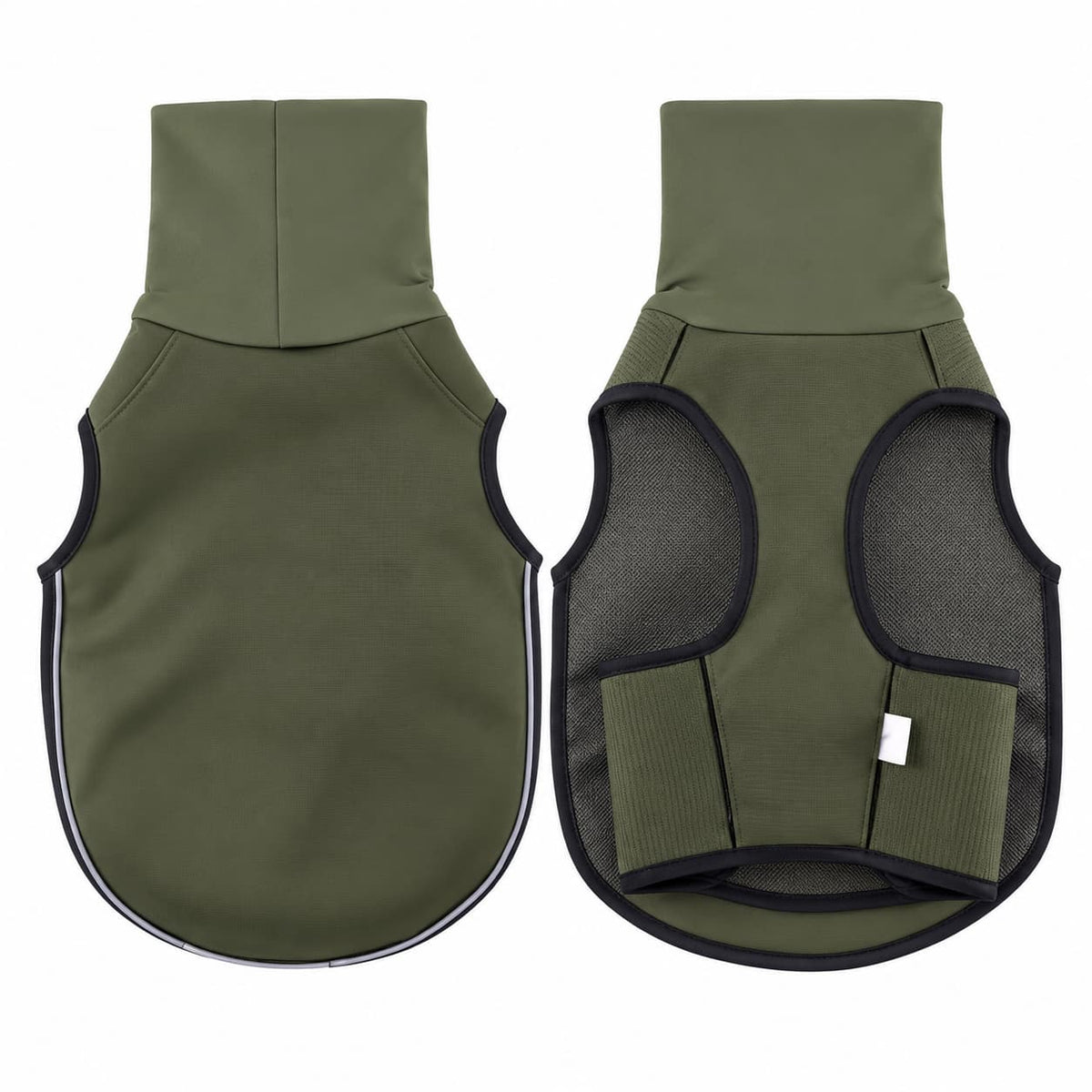 Olive green fleece dog vest shown from the front and back on a clean white background.