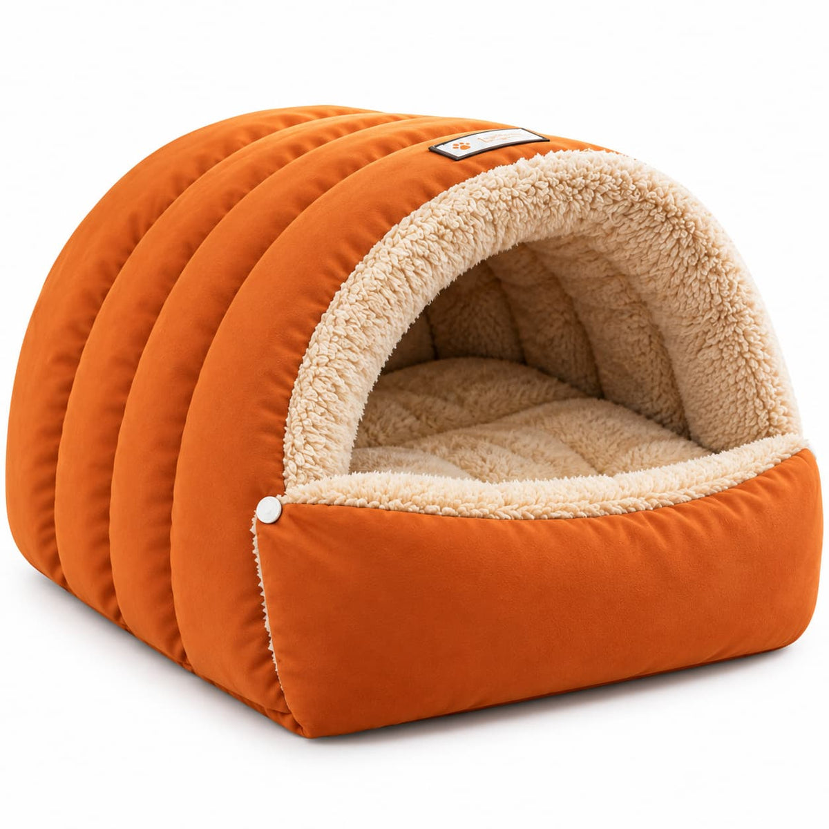 Orange enclosed tunnel pet bed with soft cream interior and cushioned entrance on a clean white background