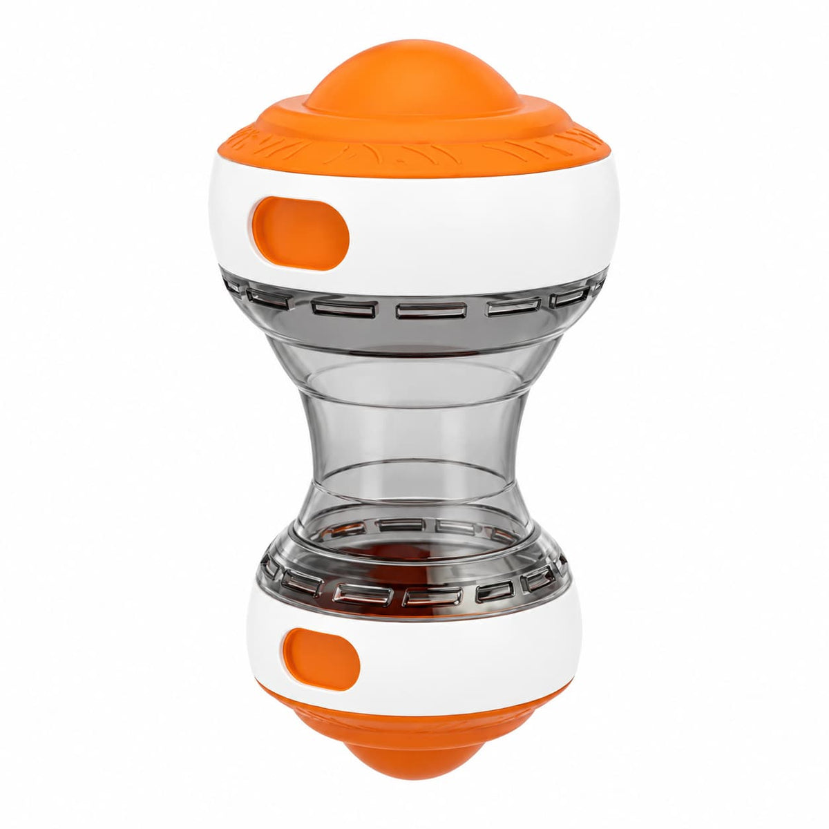 Orange and white interactive rolling dog treat dispenser toy on a white background