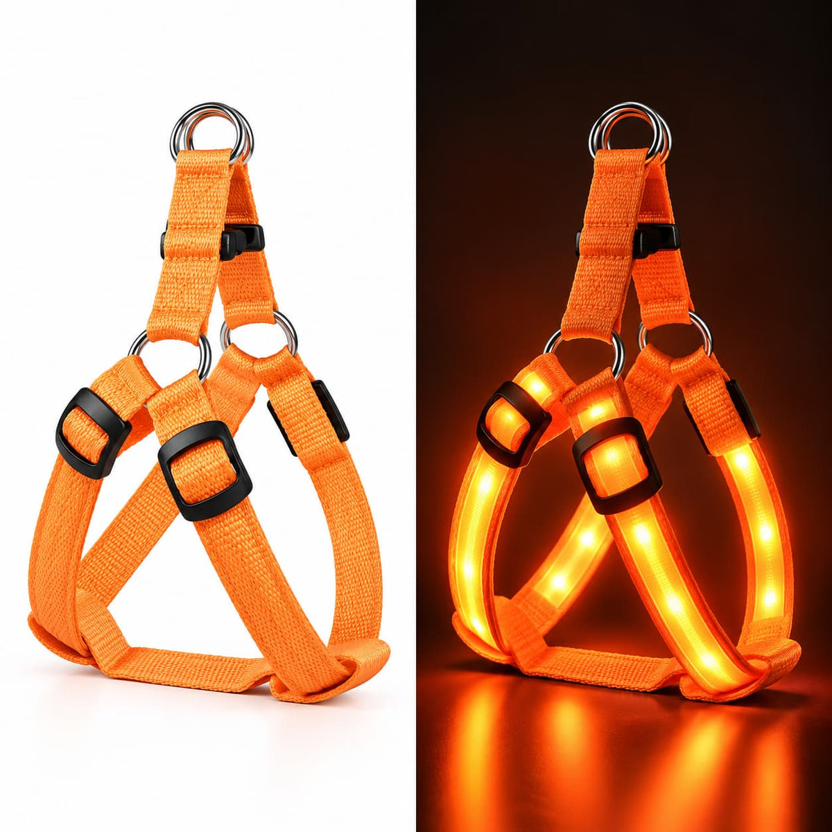 Orange LED dog safety harness shown illuminated against a dark background for enhanced visibility