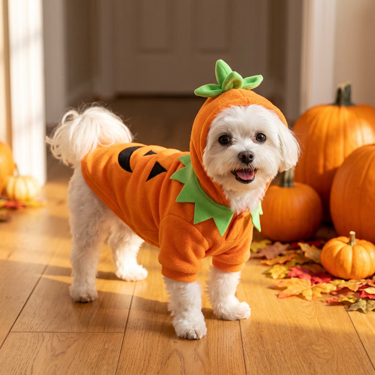 Small white dog wearing an orange pumpkin Halloween costume surrounded by autumn pumpkins