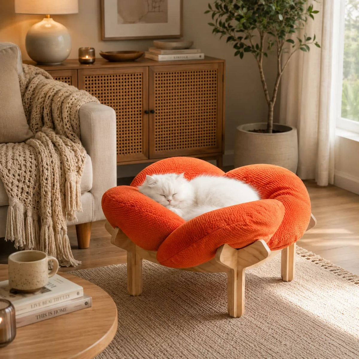 White cat resting in an orange raised cushioned pet bed with wooden legs in a cosy bedroom.