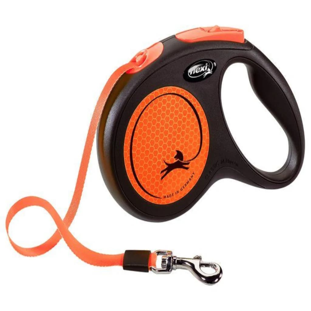 Black and orange retractable dog lead with ergonomic handle and metal clip