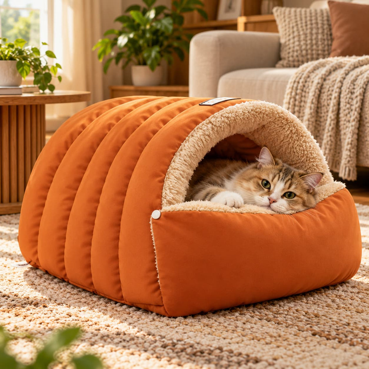 Cat resting comfortably inside an orange enclosed tunnel pet bed in a warm modern living room