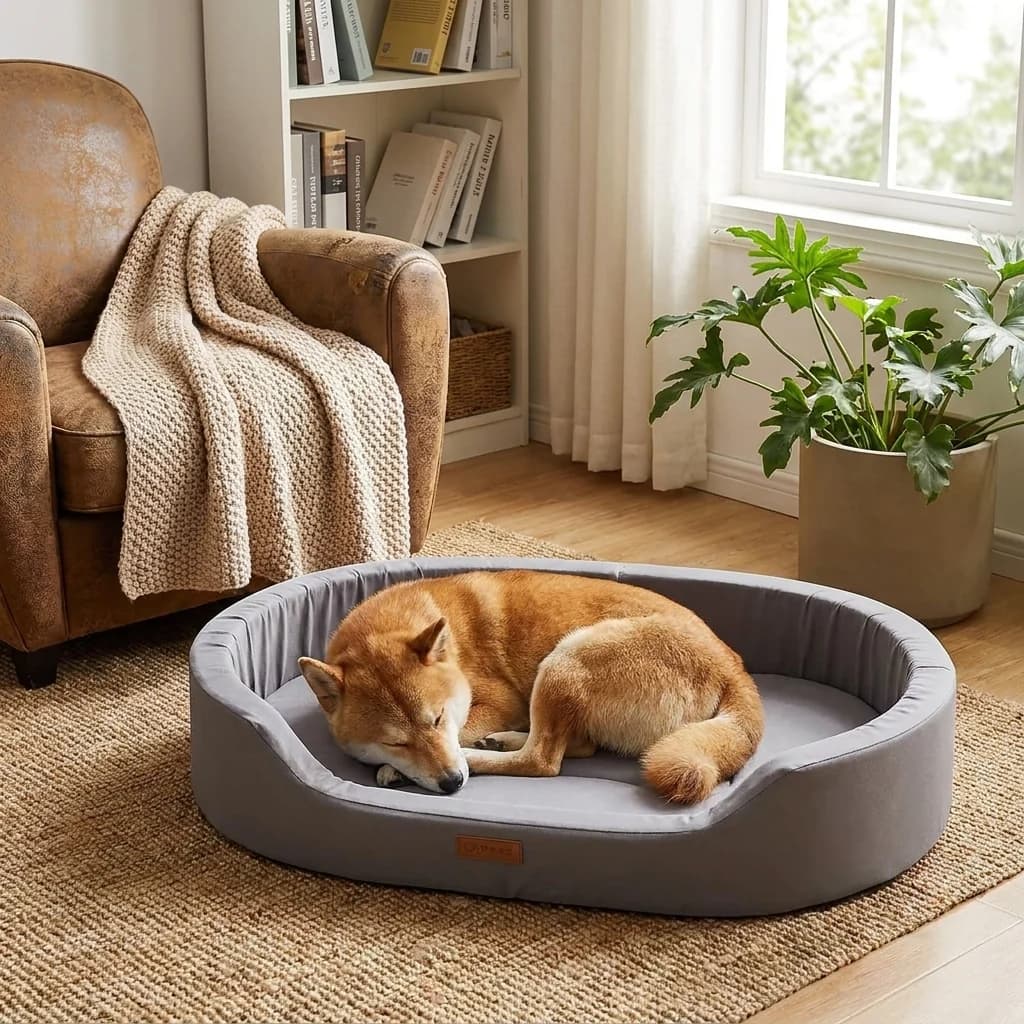 Shiba Inu sleeping comfortably in a grey orthopedic dog bed in a cosy living room