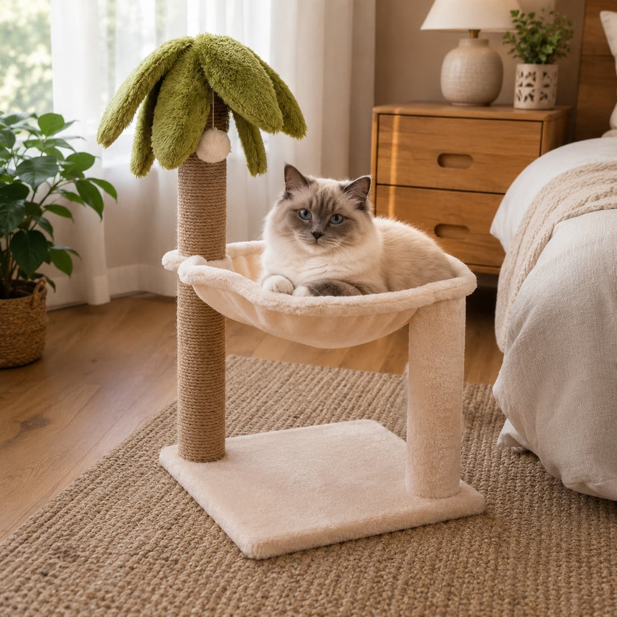 Fluffy cat relaxing in a palm tree hammock scratching post in a cosy bedroom