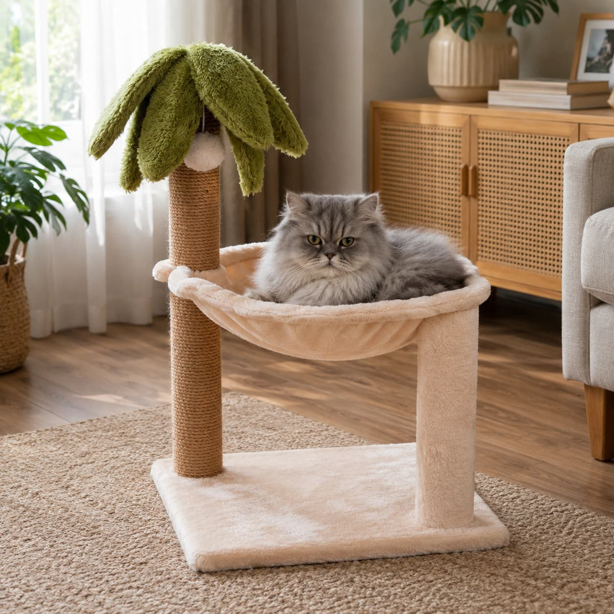 Grey cat resting comfortably in a palm tree hammock scratching post in a modern living room