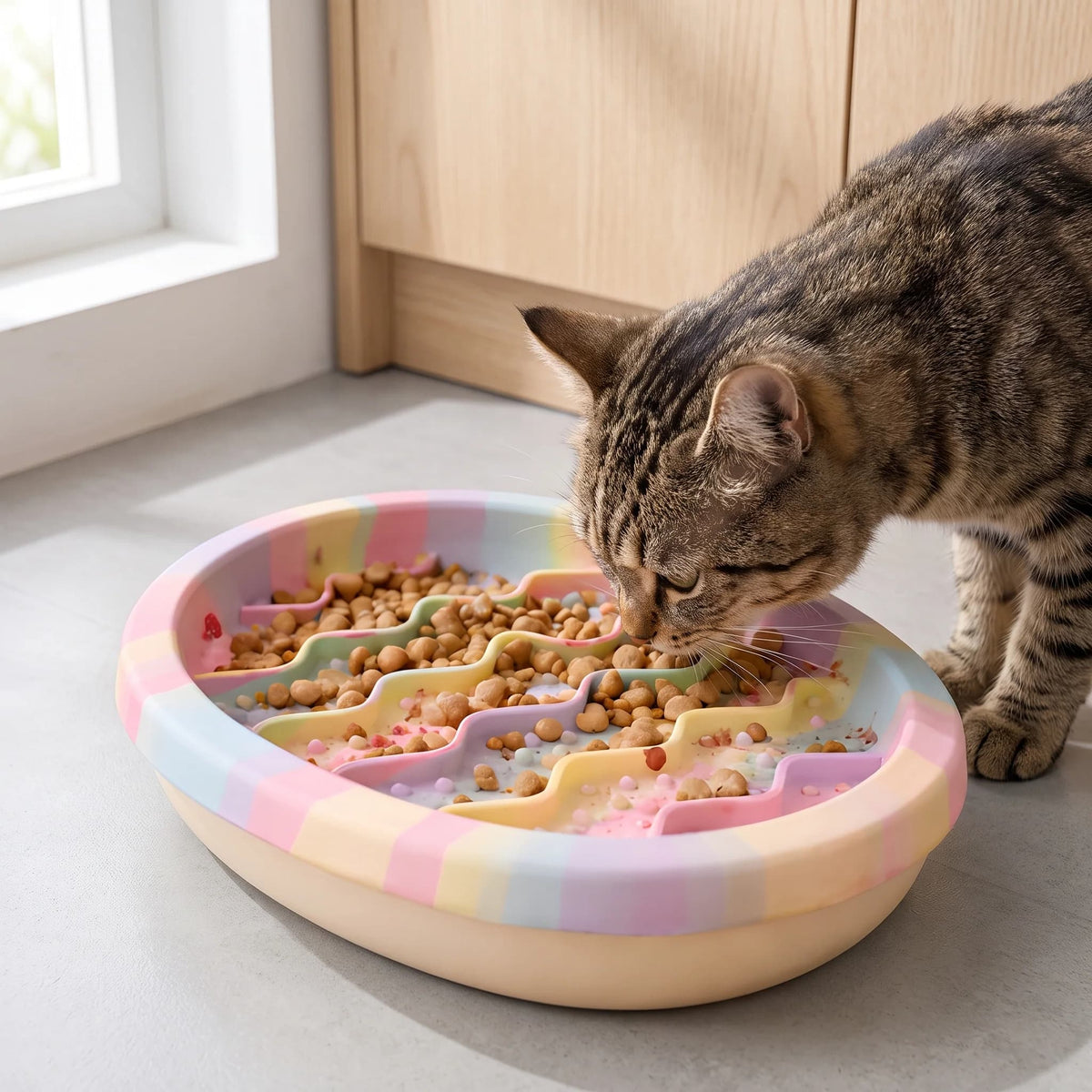 Tabby cat eating from a pastel pink slow feeder bowl filled with dry food in a bright modern home