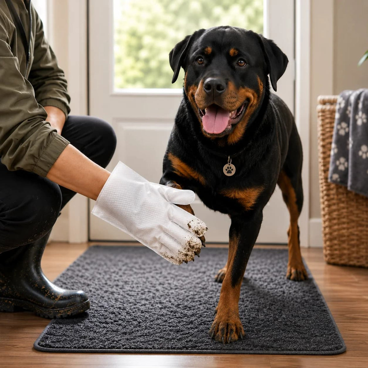 Rottweiler being gently cleaned and groomed indoors using white pet grooming gloves
