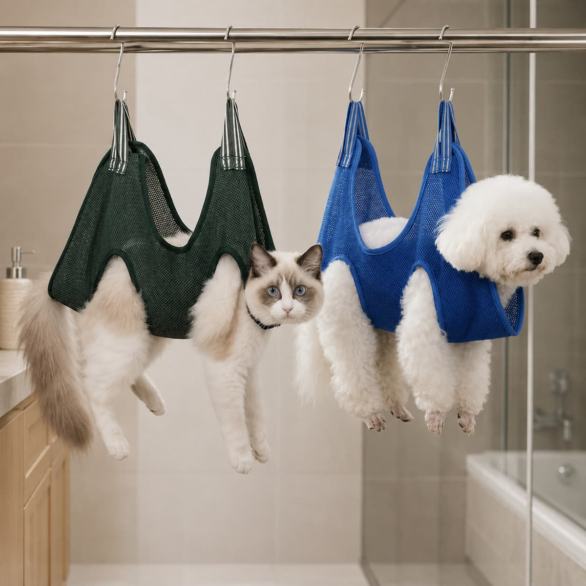 Cat and small dog comfortably supported in green and blue pet grooming hammocks in a bright bathroom