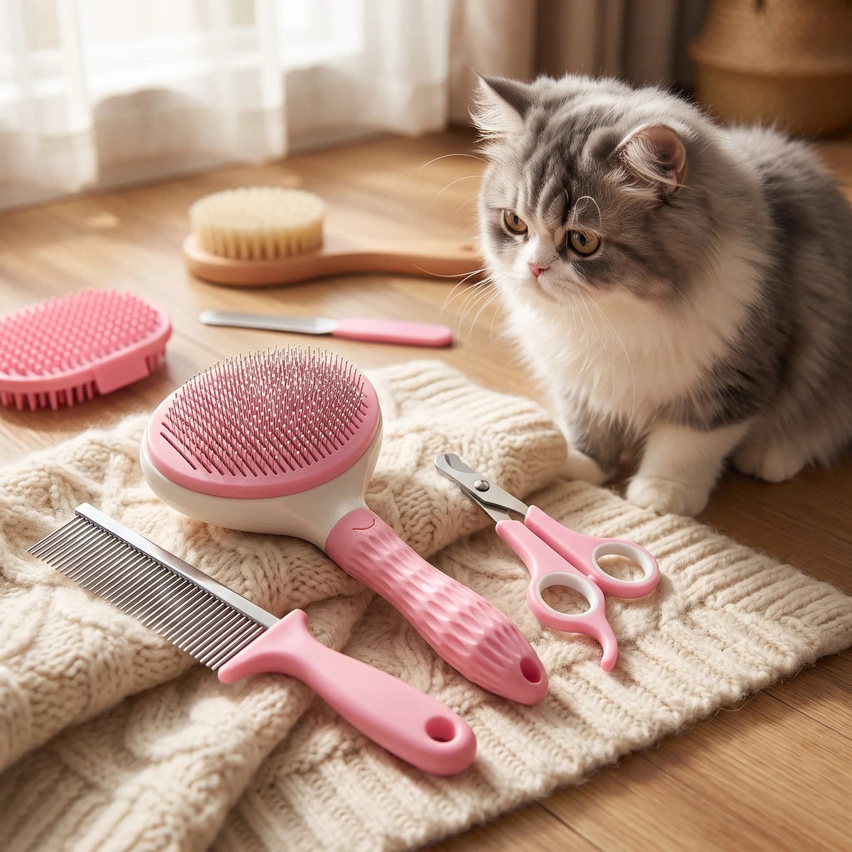 Grey cat beside a pink pet grooming kit with brushes comb and grooming scissors