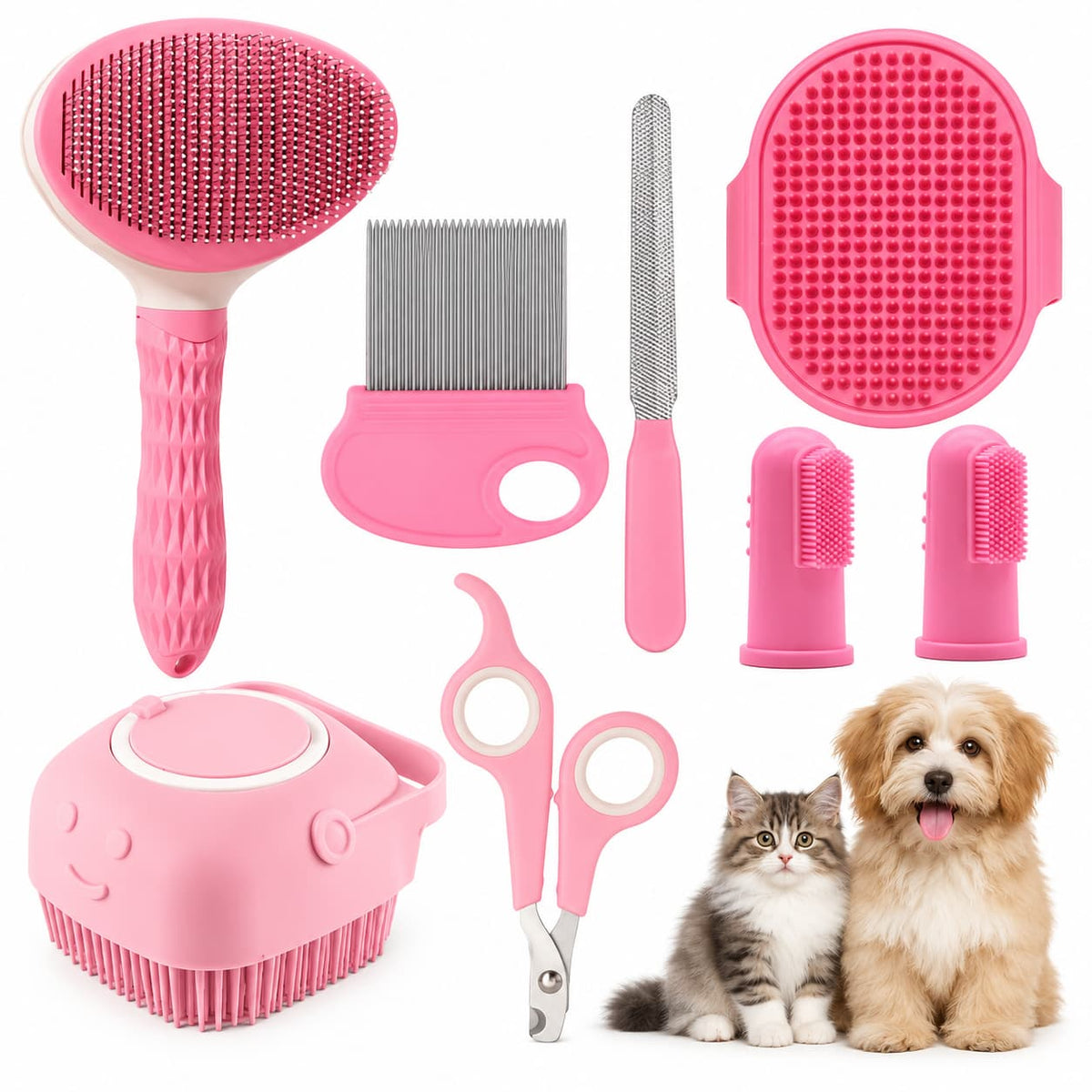 Pink pet grooming tools set featuring brushes comb scissors and grooming accessories for cats and dogs