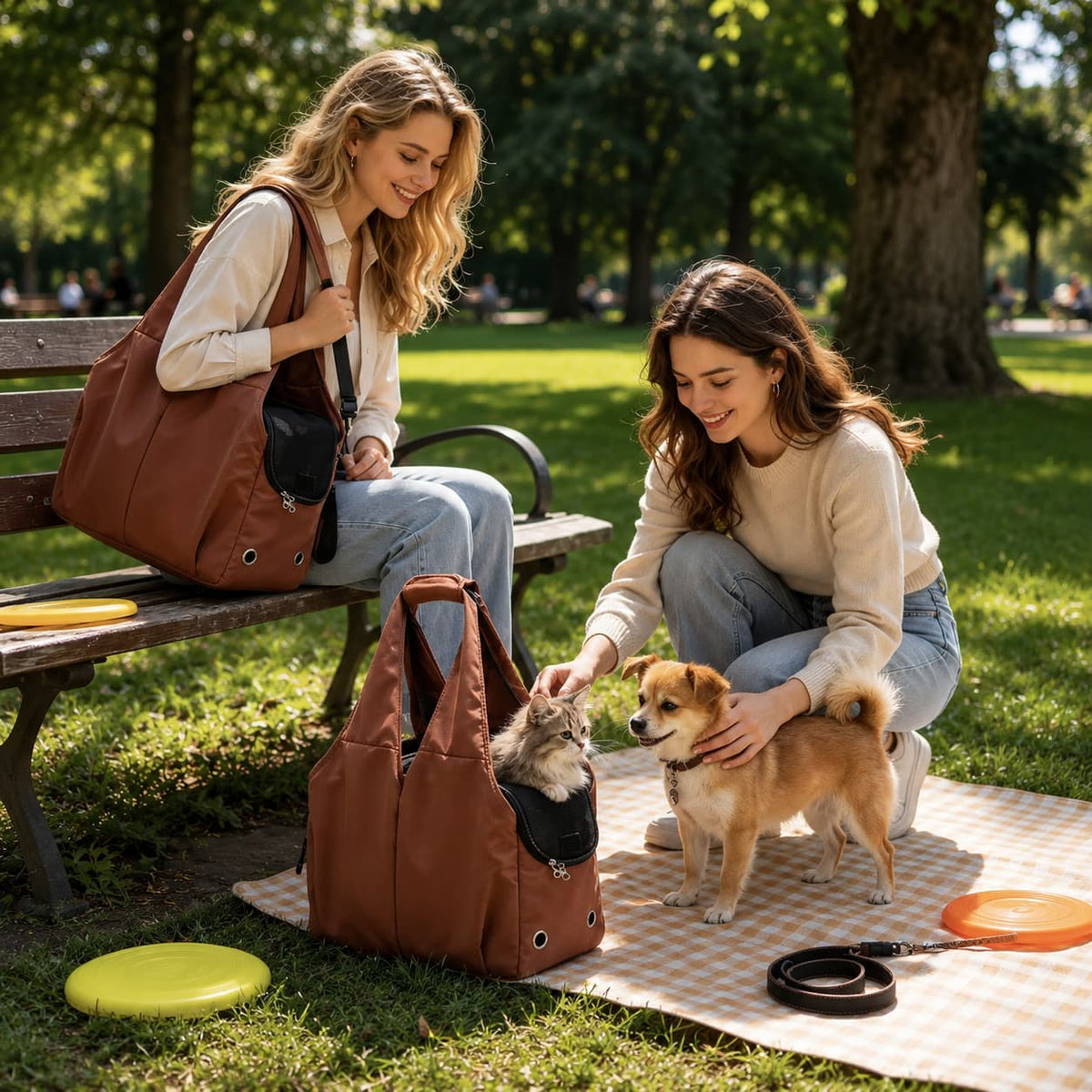 Pet travel tote bag used outdoors for carrying small dogs and cats during park trips and everyday adventures