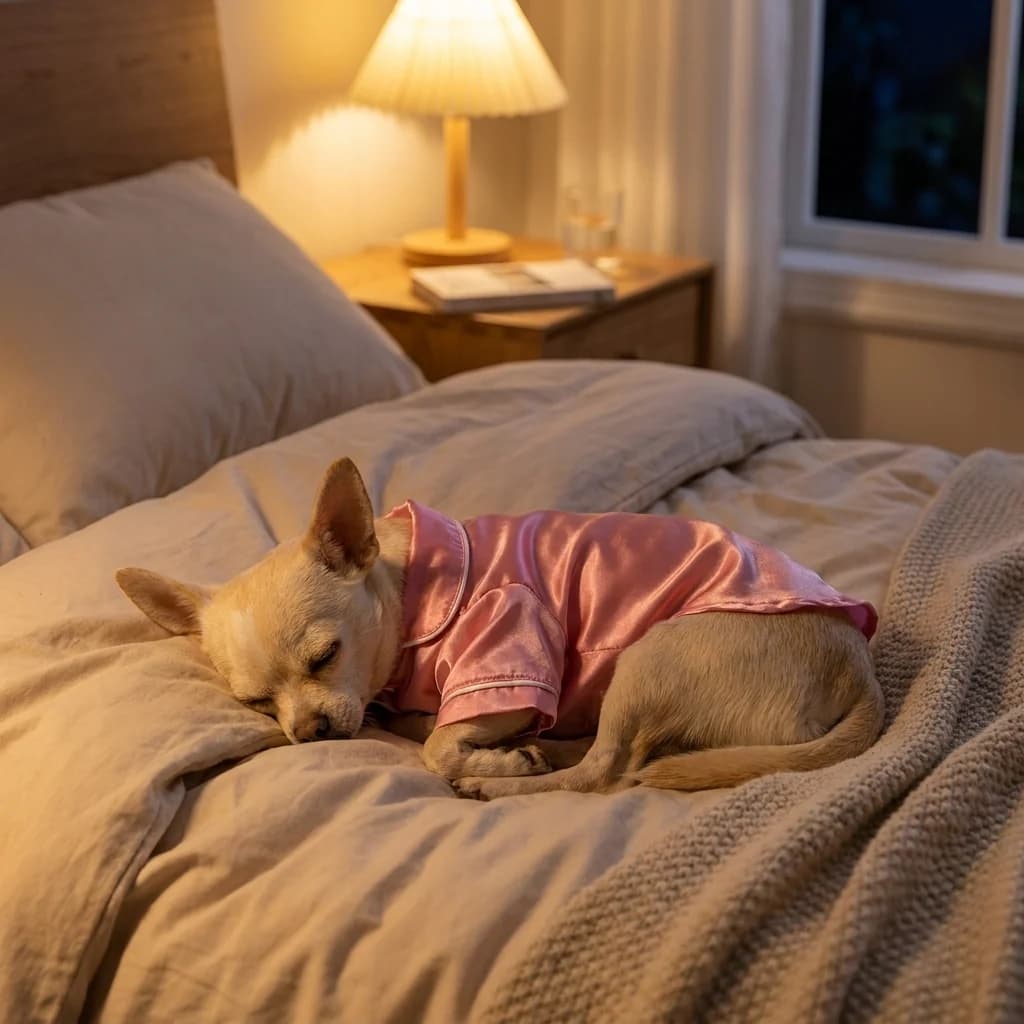 Small Chihuahua sleeping peacefully on a cosy bed while wearing soft pink satin dog pyjamas in a warm softly lit bedroom