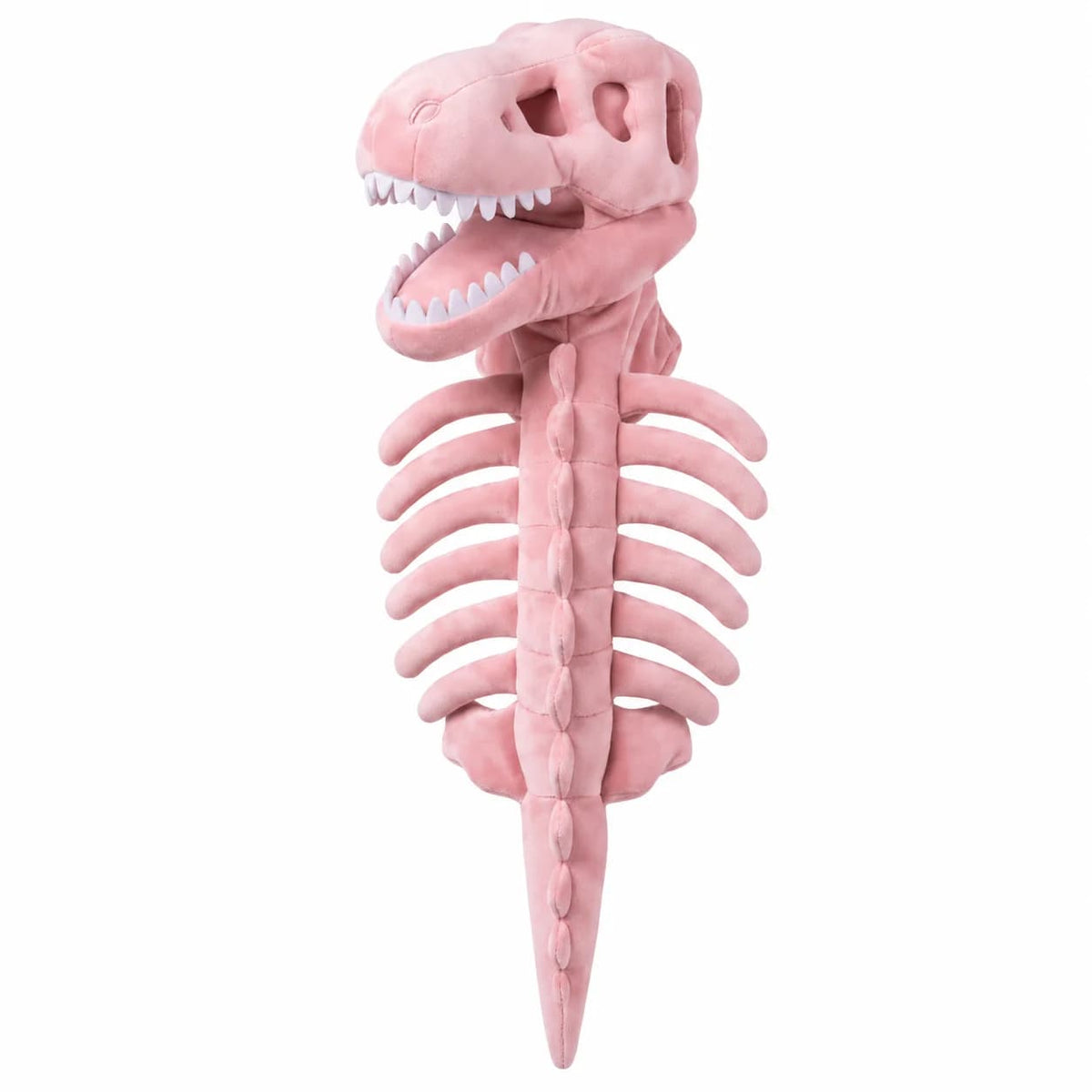 Pink dinosaur skeleton Halloween costume for dogs with skull headpiece, rib cage and tail isolated on a clean white background