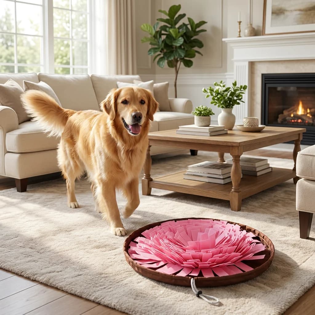 Golden Retriever approaching a pink interactive snuffle mat in a bright living room.