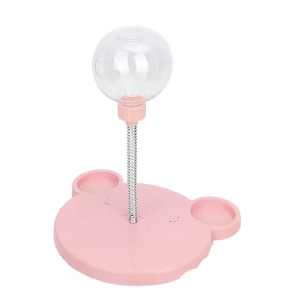Pink interactive pet treat dispenser toy with upright transparent treat container on a white background