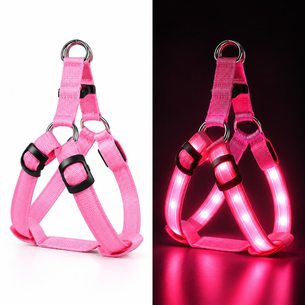 Pink LED dog safety harness shown illuminated to highlight its bright visibility lighting