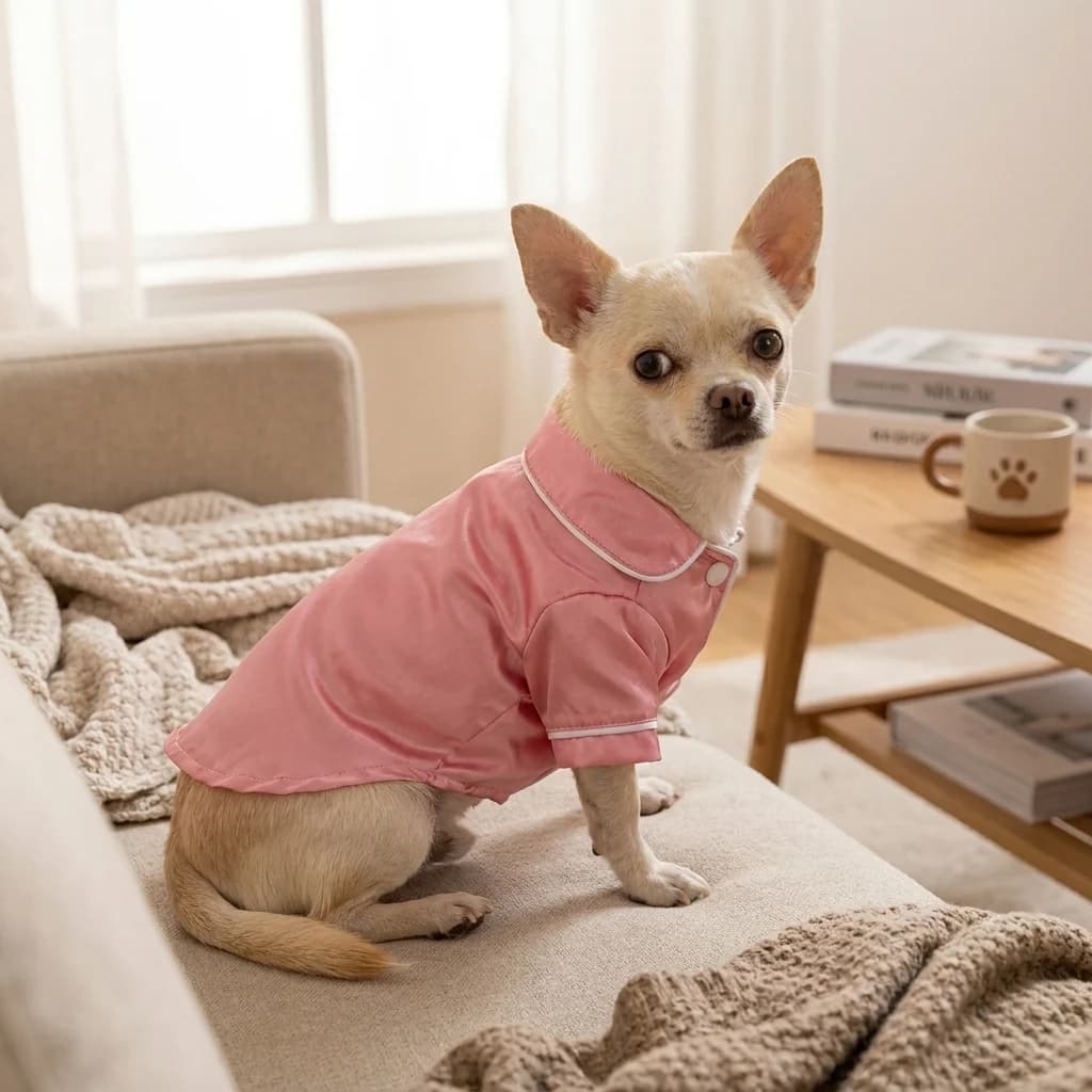 Small Chihuahua sitting comfortably on a sofa wearing pink satin pet pyjamas in a bright cosy home interior