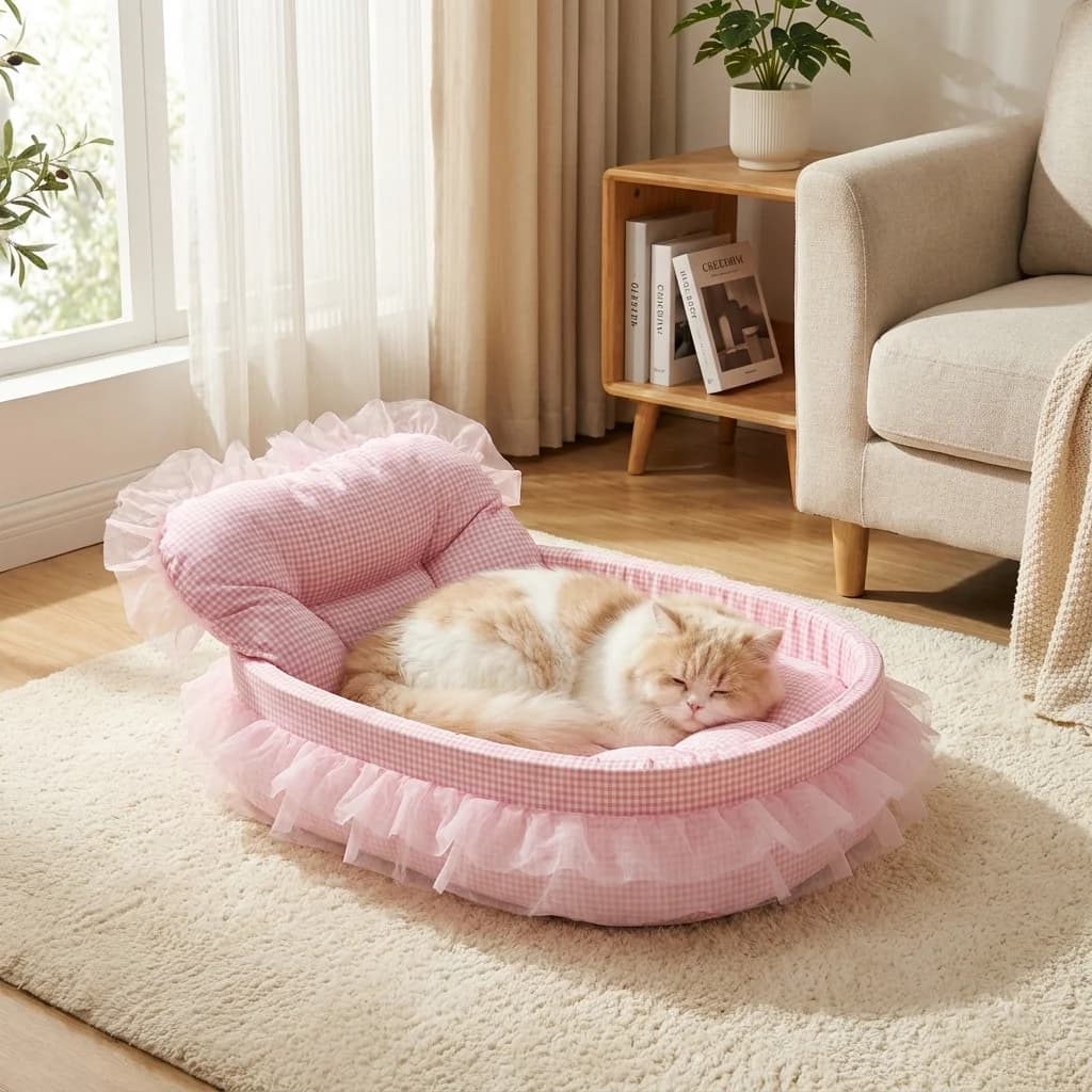 White cat sleeping in a soft pink plush pet bed in a comfortable living room.