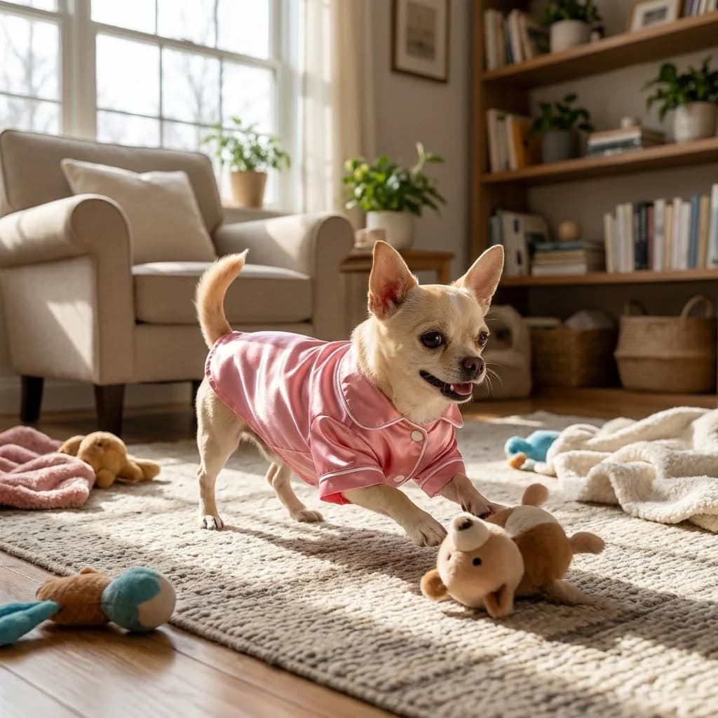 Small Chihuahua wearing pink satin dog pyjamas while standing in a cosy living room surrounded by pet toys