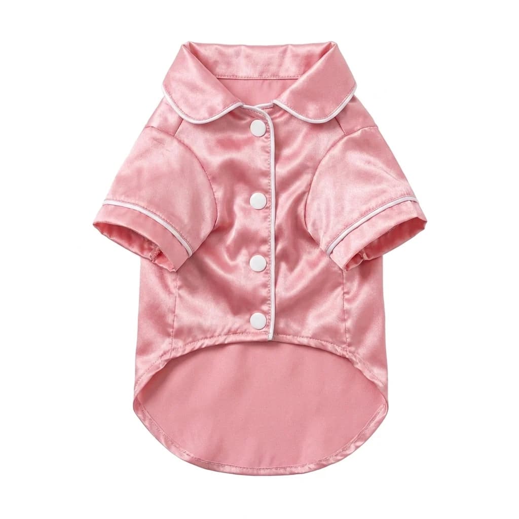 Pink satin dog pyjamas with button front, collar and white piping isolated on a clean white background