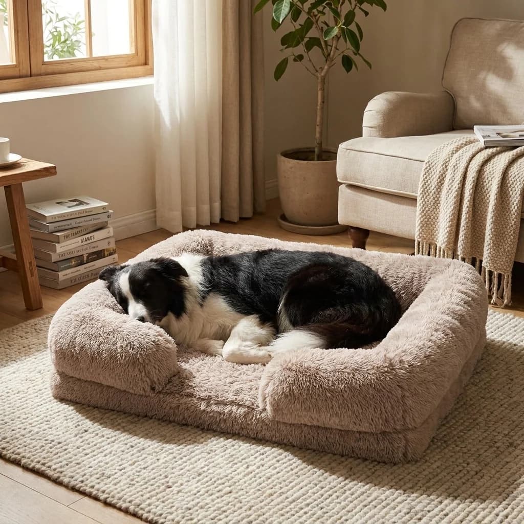 Black and white dog sleeping comfortably in a soft plush calming dog bed in a cosy living room
