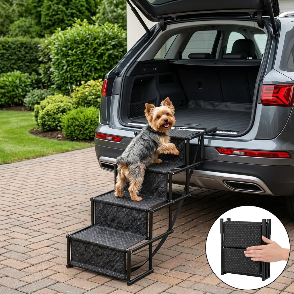 Small dog climbing portable pet steps for easier access into the rear of a vehicle.