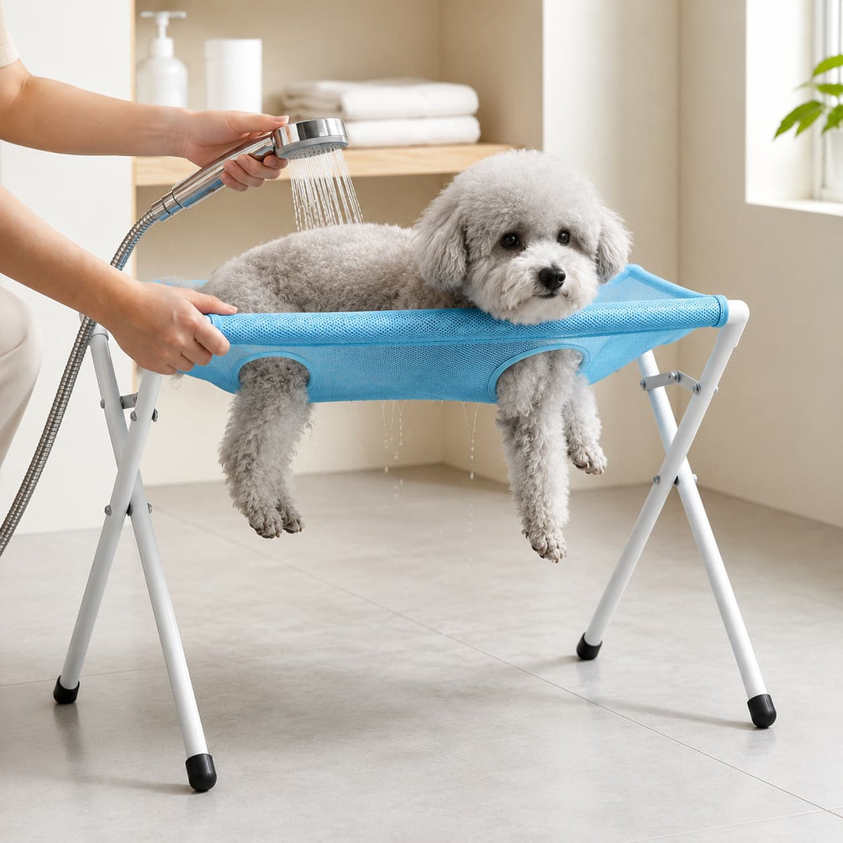 Small white dog being washed in a portable elevated dog grooming bath tub with blue mesh surface