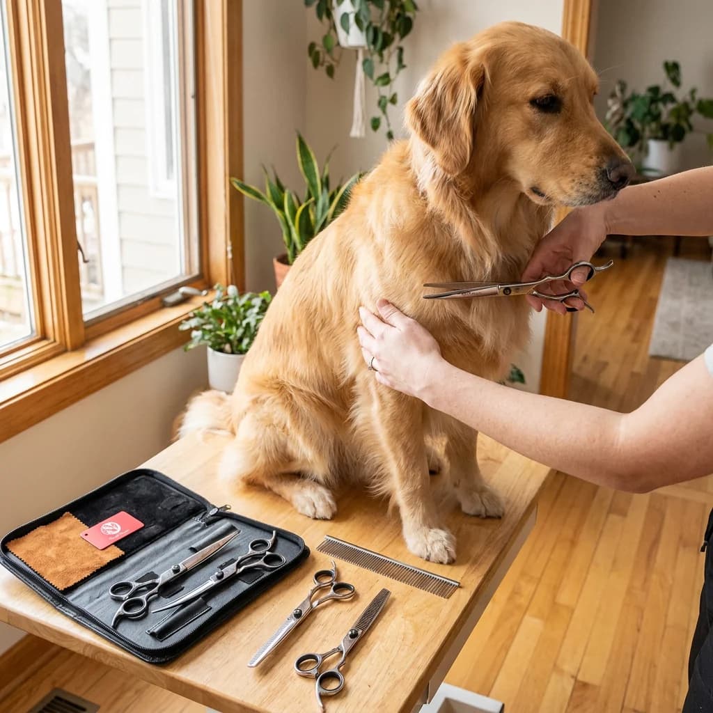 Golden Retriever being carefully groomed at home using a professional pet grooming scissors kit