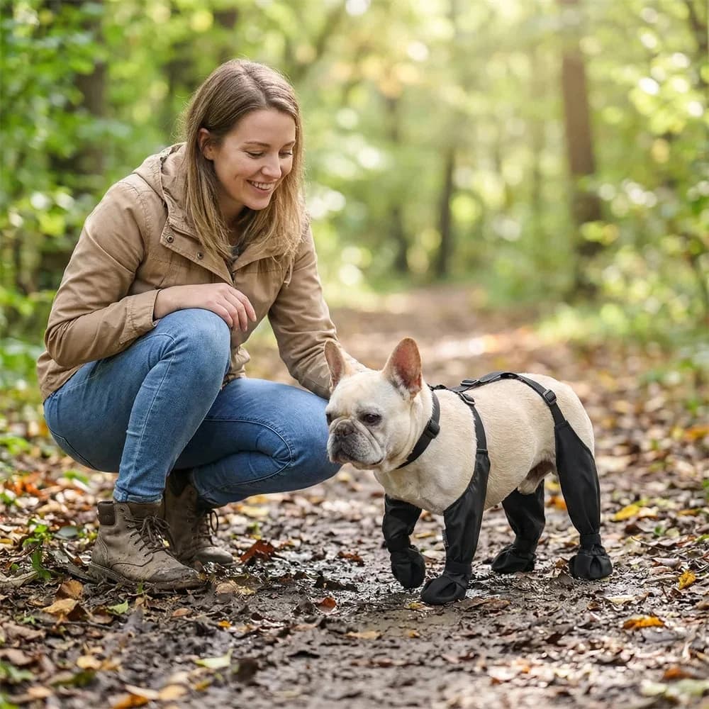 French Bulldog wearing protective black dog boots during an outdoor woodland walk with its owner.