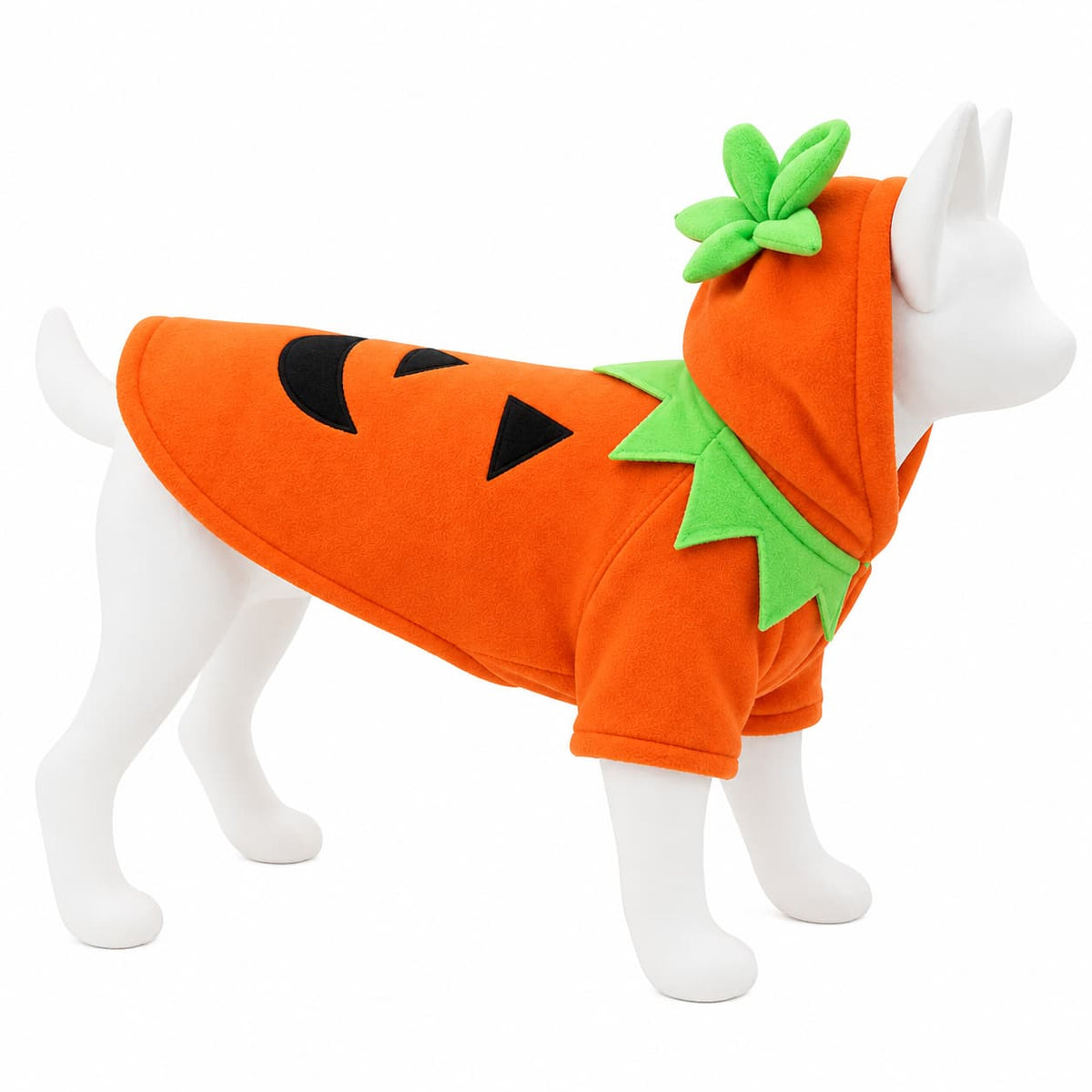 Orange pumpkin dog Halloween hoodie with green leaf details and jack o lantern face on a white background