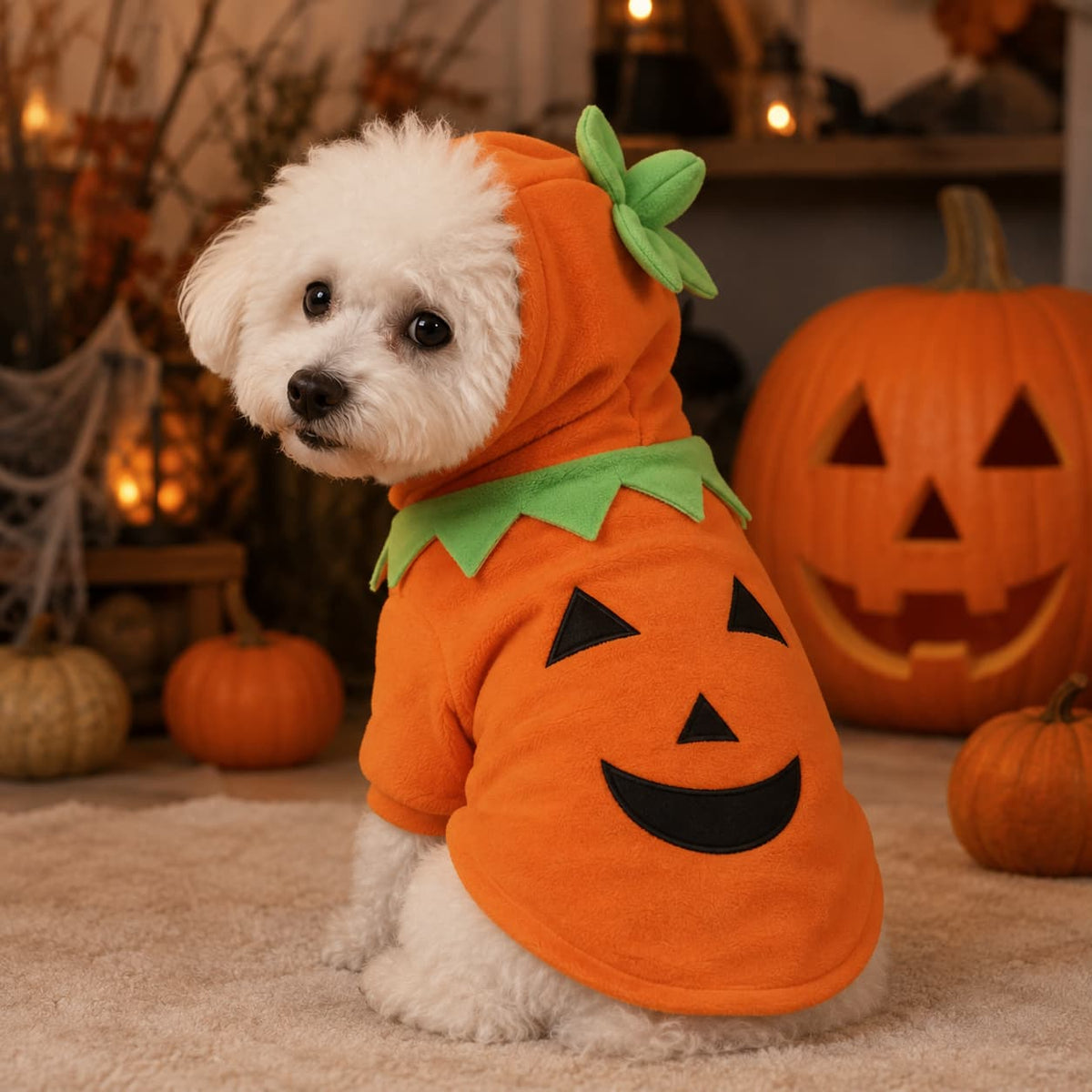 Small white dog wearing an orange pumpkin Halloween costume with hood and jack o lantern face