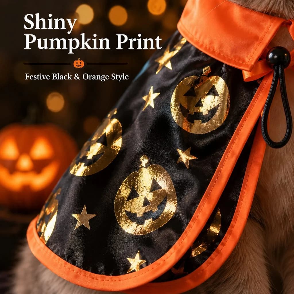 Close-up of black Halloween cat cape featuring shiny pumpkin prints and orange trim